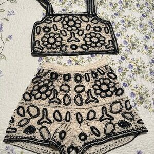 New Women's Rebellion Beige & Black Crochet Shorts Set